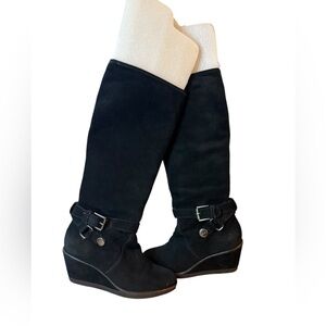 Coach Black Suede Candid Wedge Knee High Boots